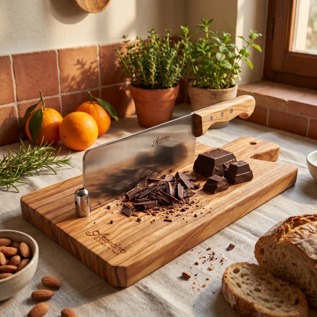 Tagliere per Cioccolato e Torrone in Legno di Olivo con Coltello Inox
