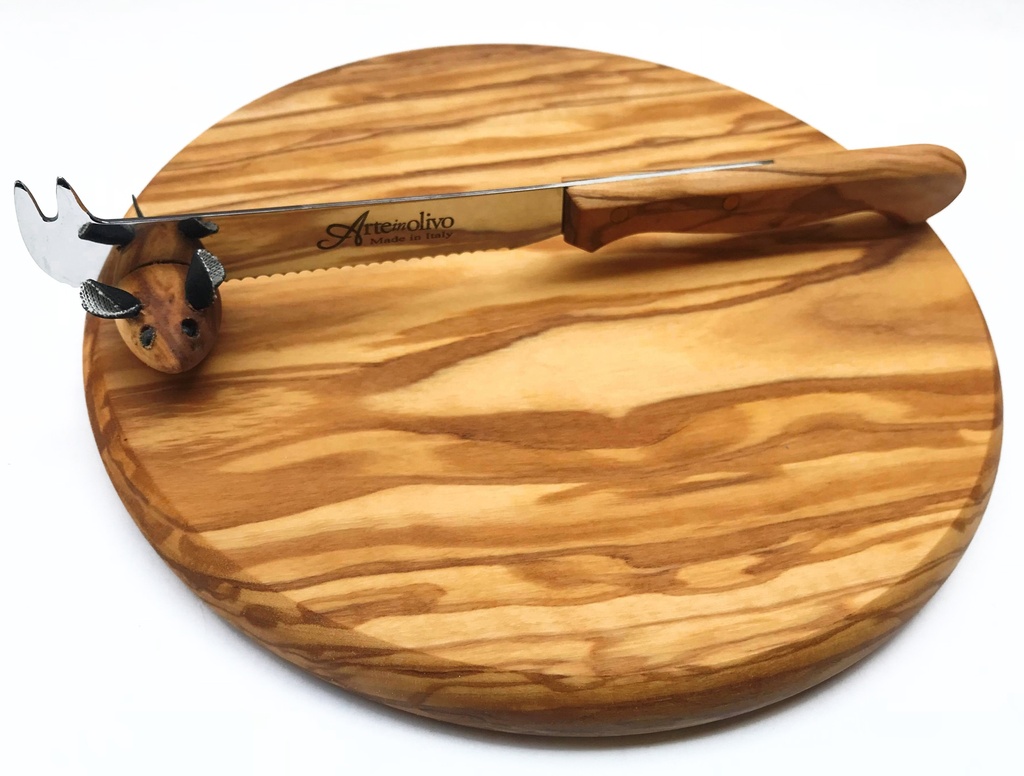 Tagliere Rotondo con Coltello per Formaggio in Legno di Olivo