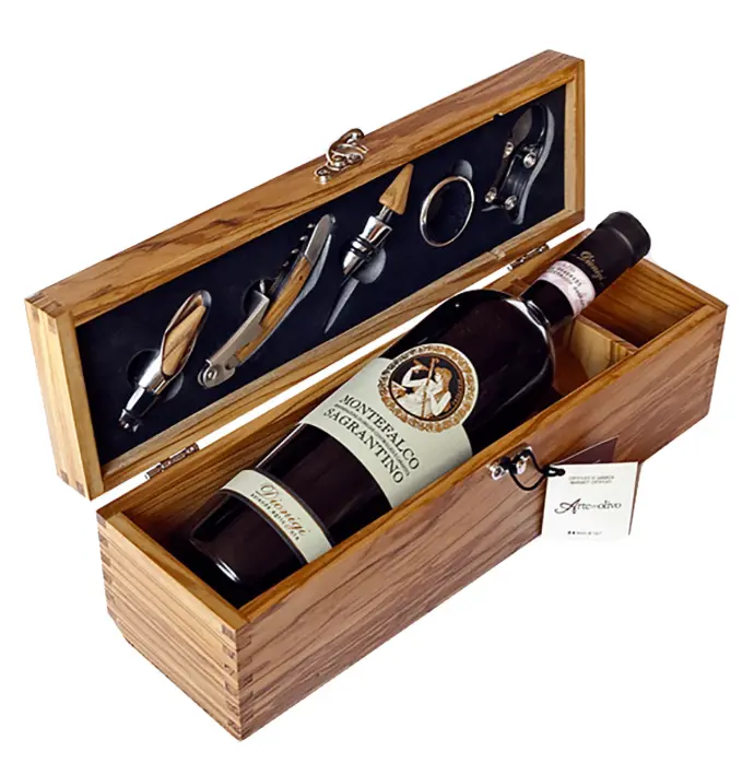 Wine Box con Accessori Sommelier in Legno di Ulivo