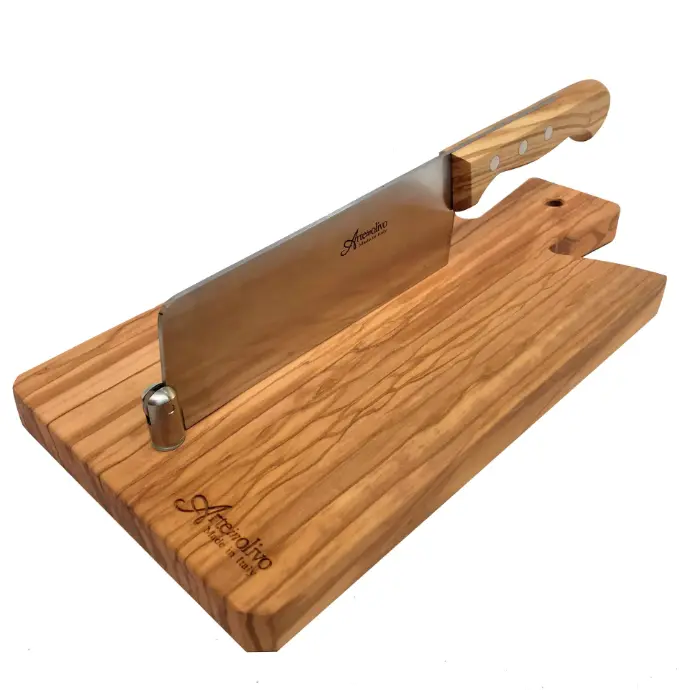 Tagliere per Cioccolato e Torrone in Legno di Olivo con Coltello Inox